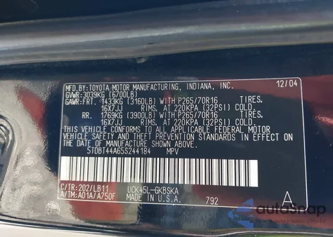 2005 Toyota Sequoia Sr5 V8 из США, поврежденный, VIN 5TDBT44A65S244184